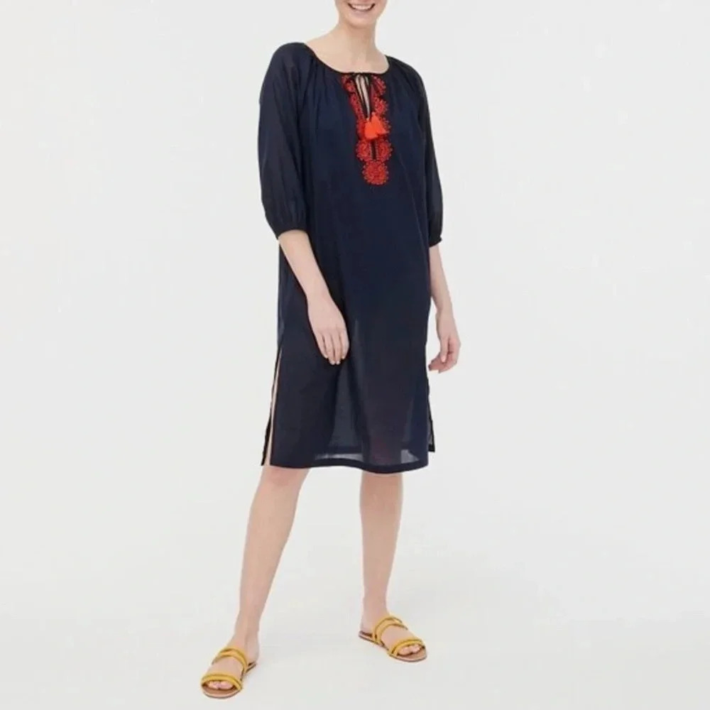 J. Crew Navy Blue /Red Embroidered Cotton Tunic Size Small EUC